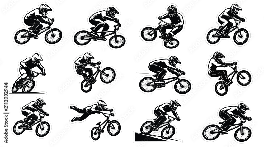 Naklejka premium Dynamic Black White BMX Bicycle Riders Stunts Vector Collection