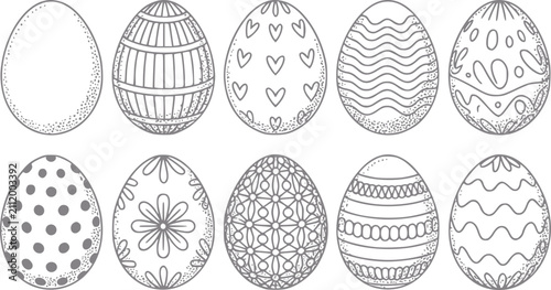 Foto Una colección de diez huevos de pascua dibujados a mano con varios patrones deco