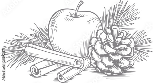 Obraz na płótnie Un dibujo a mano que presenta una manzana fresca, ramas de canela aromática, una