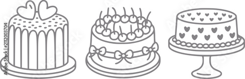 Fotografie Un conjunto de tres lindos pasteles dibujados a mano con corazones, cerezas y la