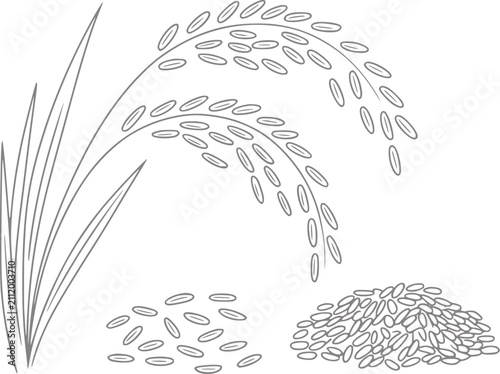 Valokuva Una línea simple en blanco y negro de tallos de arroz y pilas de granos de arroz