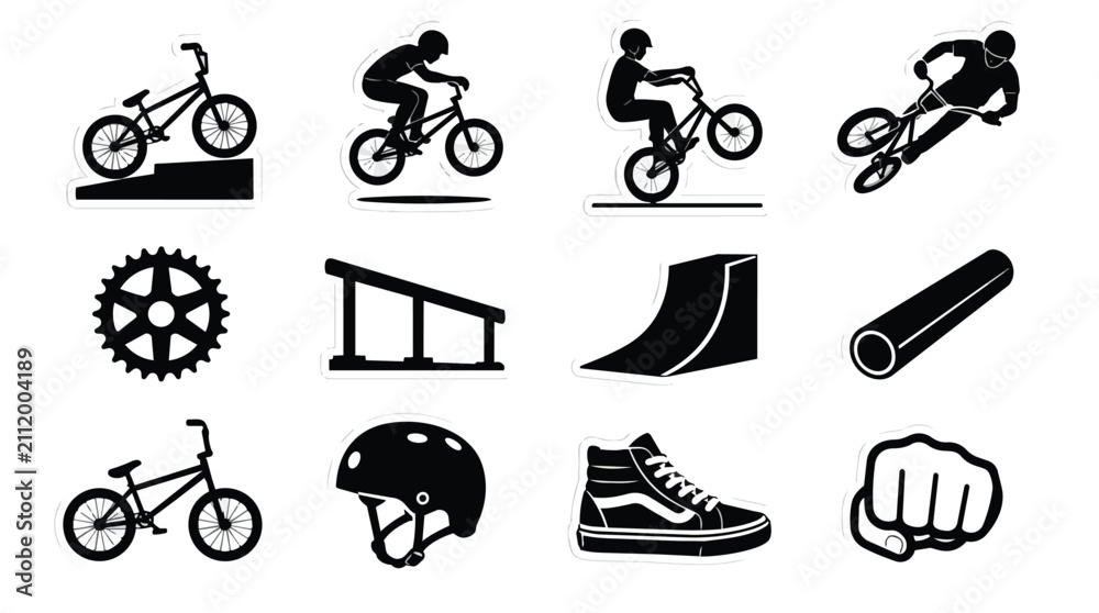 Naklejka premium BMX Bikes Riders Skate Park Obstacles Icon Set