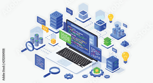 Digital workspace with laptop and productivity icons.