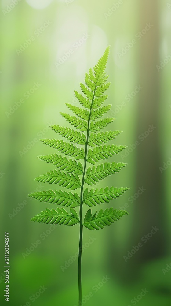 Obraz premium Minimalist green fern on soft blurred forest background, mobile wallpaper