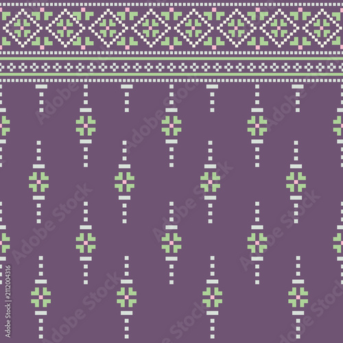 A seamless geometric pattern featuring various floral motifs on a purple background; designed for fabrics, clothing, backgrounds, and decorative use.