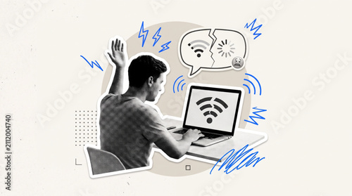 Trendy halftone collage of a man frustrated with slow internet on a laptop. Fun retro stickers with broken wifi signal icon, loading wheel, vintage dot texture, and mixed media grunge doodles.