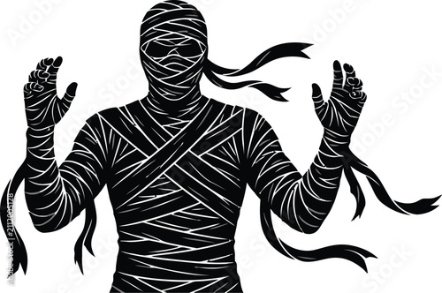 Mummy figure with outstretched arms in black and white