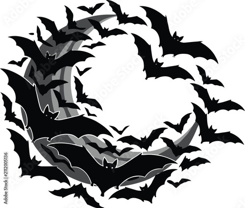 Flying bats swarm around crescent moon frame for Halloween vector illustration