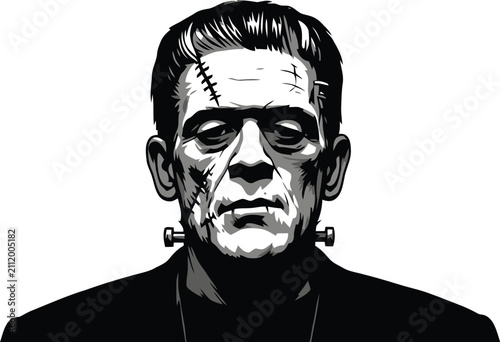Frankenstein monster head portrait with stitches and neck bolts for Halloween vector illustration
