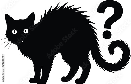 Black cat silhouette with question mark scared and confused for Halloween vector illustration