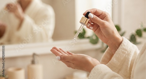 Konstfotografi Close Up of Woman Hands Applying Face Serum from Glass Dropper in Bathroom