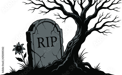 RIP tombstone gravestone with spooky dead tree for Halloween cemetery vector illustration