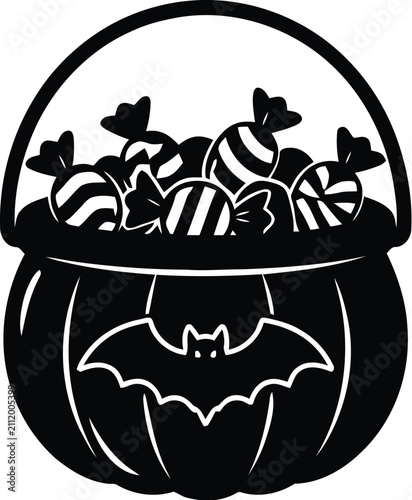 Halloween candy basket with bat and striped candies