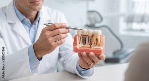 Male Dentist Explaining Dental Implant Procedure Using Anatomical Jaw Model to Patient