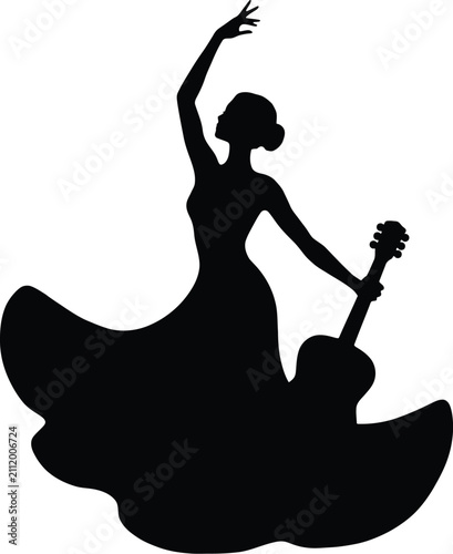 Flamenco dancer silhouette, Spanish woman with guitar, black vector icon