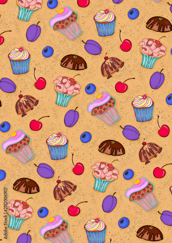 Cute Hand Drawn Cupcakes and Fresh Fruits Pattern on Beige Background – Colorful Dessert Illustration