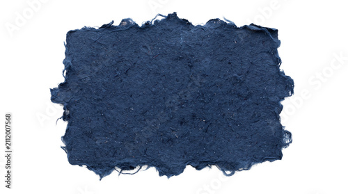 Dark blue denim fabric texture patch with a rough frayed edge in a simple rectangular shape