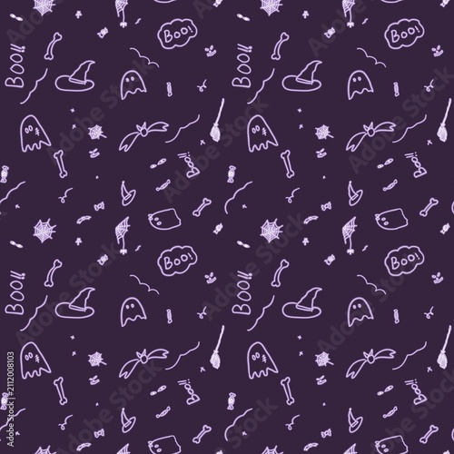 Obraz na płótnie Cute Halloween Doodle Seamless Pattern with Ghosts Witch Hat and Spider Webs