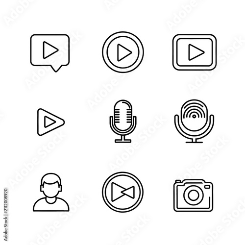 Content Creator Media Line Icons Set with Video Camera Microphone Profile and Play Button Vector Collection