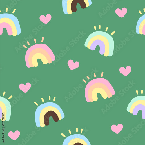 Pastel Rainbow And Hearts Seamless Pattern, Cute Nursery Fabric And Wallpaper Design