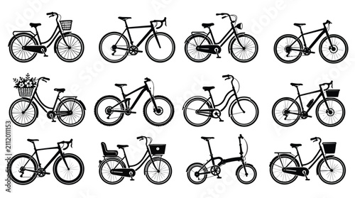Diverse black bicycle silhouettes vector icons set, various bike types