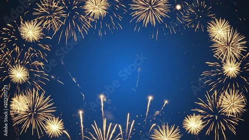 Golden fireworks frame against a deep blue background