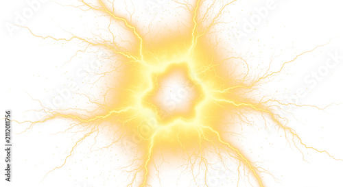 Yellow electric energy bursting with yellow lightning to outward on a transparent background