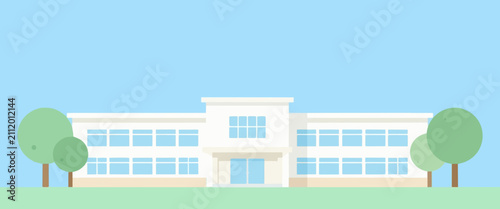 Modern white institutional building with symmetrical windows and trees on a green lawn. Clean flat vector illustration of a school or community center against a blue sky