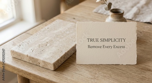 A Card With 'True Simplicity' Quote Rests Beside Travertine Stone on Wooden Surface