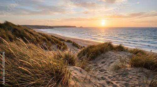A golden sunset over coastal sand dunes covered in marram grass overlooking the ocean