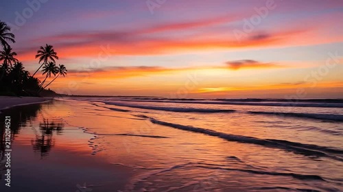 A serene tropical beach landscape during a vibrant sunset