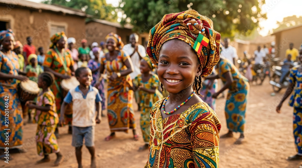 Fototapeta premium Joyful Beninese girl in colorful traditional attire smiling at a lively Benin Independence Day community celebration, representing African culture, heritage, identity, unity and happiness