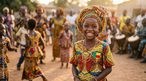 Smiling African girl in vibrant traditional clothing and headwrap at a joyful Benin Independence Day festival, celebrating cultural heritage, community, happiness, unity and national pride scence