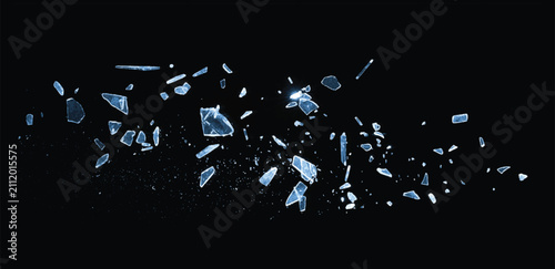 Particles of ice. Broken glass on the black background. Isolated realistic cracked glass effect	