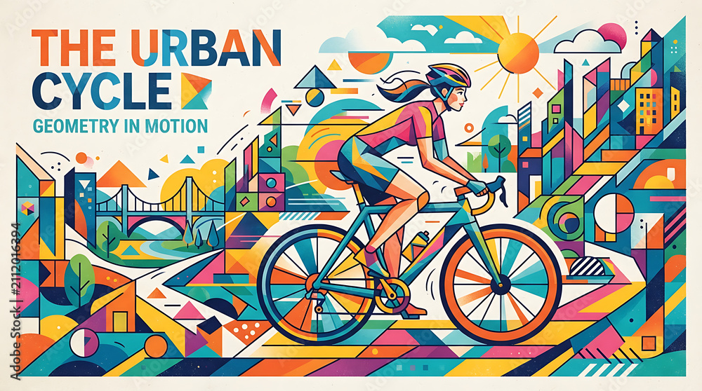 Fototapeta premium Vibrant Geometric Illustration of a Cyclist Riding Through a Stylized Modern Urban Landscape