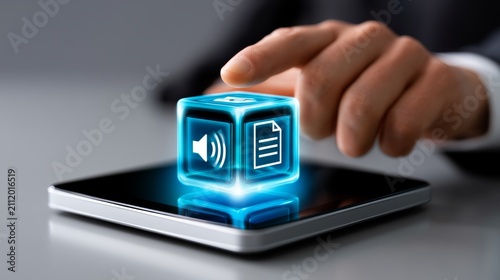 AI Agent Governance, Permission Control, Human Hand Placing Transparent Interactive Cube on Tablet Display for Accessibility Enhancement in Modern Technology