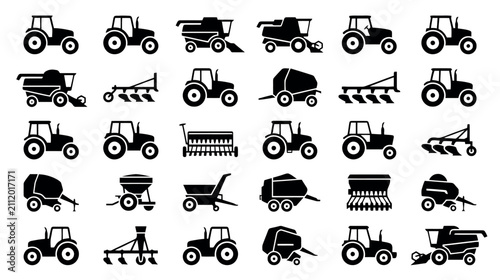 Canvastavla Various agricultural machinery in silhouette during day Isolated on white backgr