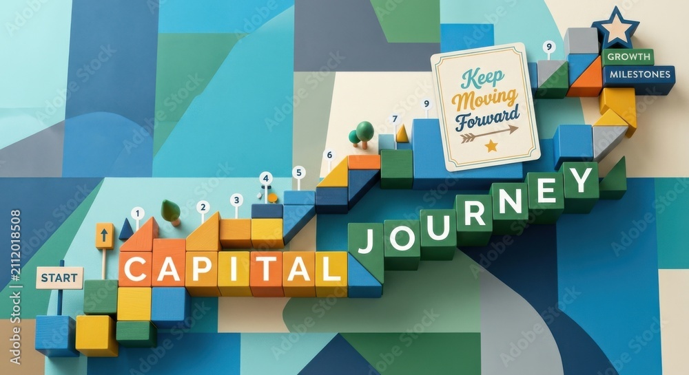 Obraz premium Colorful Geometric Blocks Forming 'Capital Journey' with Motivational Message