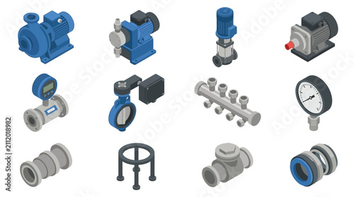 Pumps and plumbing components for industrial water systems are presented in an isometric layout.