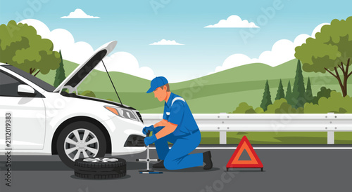 Bild auf Leinwand Mechanic Changing Flat Tire on Highway Roadside, Flat Vector Illustration Design