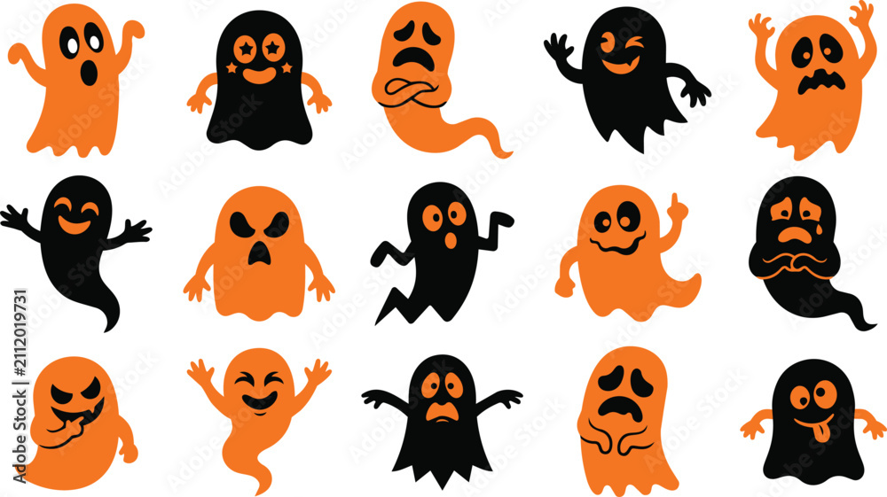 Fototapeta premium Collection of cute cartoon ghosts in orange and black colors for halloween party decorations and festive design elements