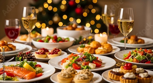Festive christmas dinner table setting with various gourmet dishes, appetizers, salads, and wine glasses, blurred holiday lights in the background