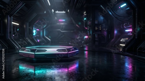 Futuristic sci-fi hangar with a glowing hexagonal platform, neon cyan and magenta accents, and a dark, industrial, high-tech interior atmosphere.