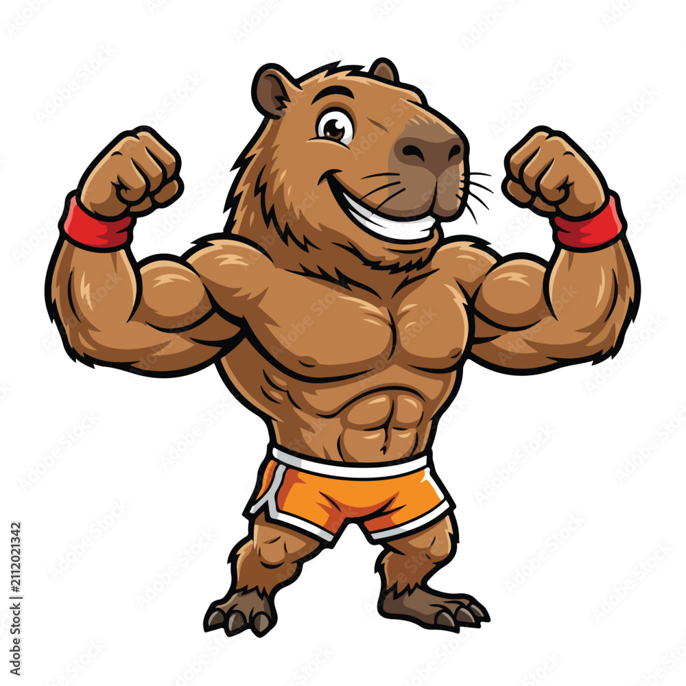 Obraz premium A funny capybara mascot flexing muscular arms and showing off abs in athletic shorts, representing strength and fitness