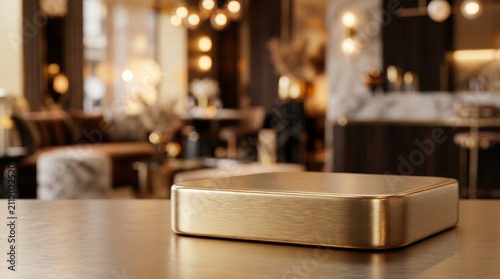 Close-up of a brushed brass pedestal on a wooden table with a luxurious, blurred restaurant interior in the background featuring warm bokeh lights.