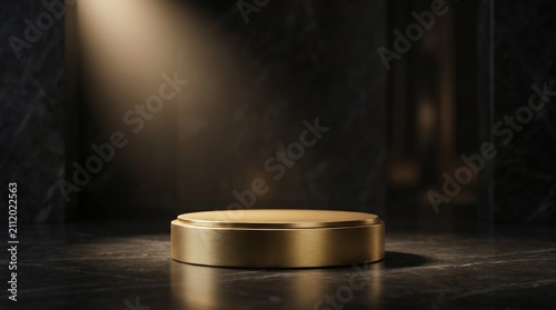 A luxurious gold circular podium stands centered on a dark marble floor, illuminated by a soft spotlight against a dark textured background.