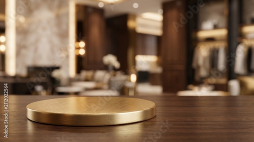 Brushed gold circular pedestal on a dark wooden surface, set against a blurred, luxurious boutique interior with warm lighting.