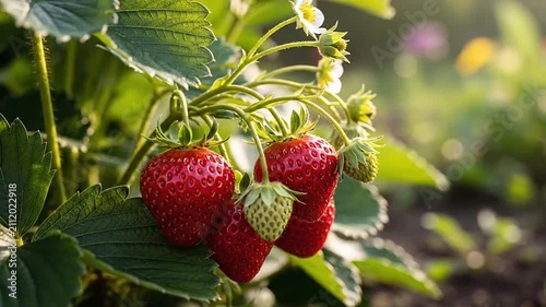 Fresh red strawberries grow on a green plant in a sunny garden