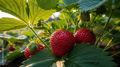 Fresh red strawberries growing on a green plant in a sunny garden