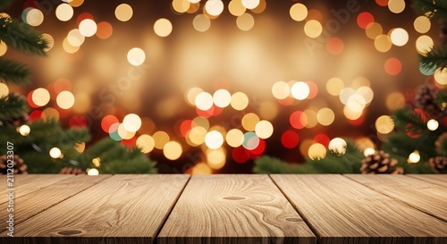Empty wooden table top with blurred christmas lights and pine branches in the background, festive holiday background for product display